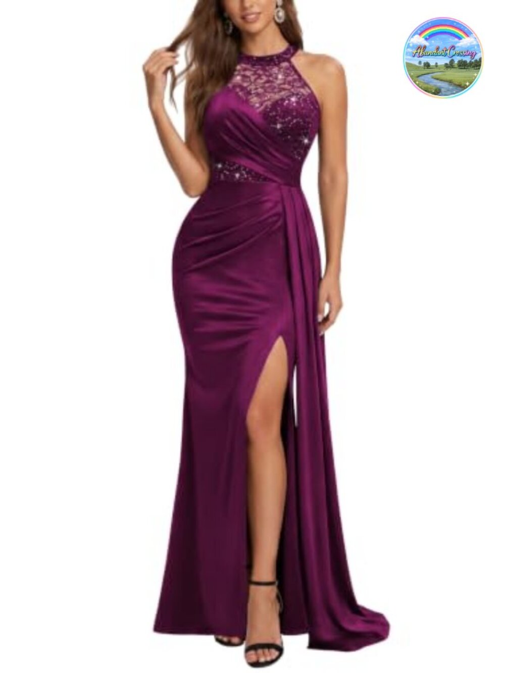 Miusol Women's Sexy Halter Sequin Lace Satin Evening Party Maxi Dress